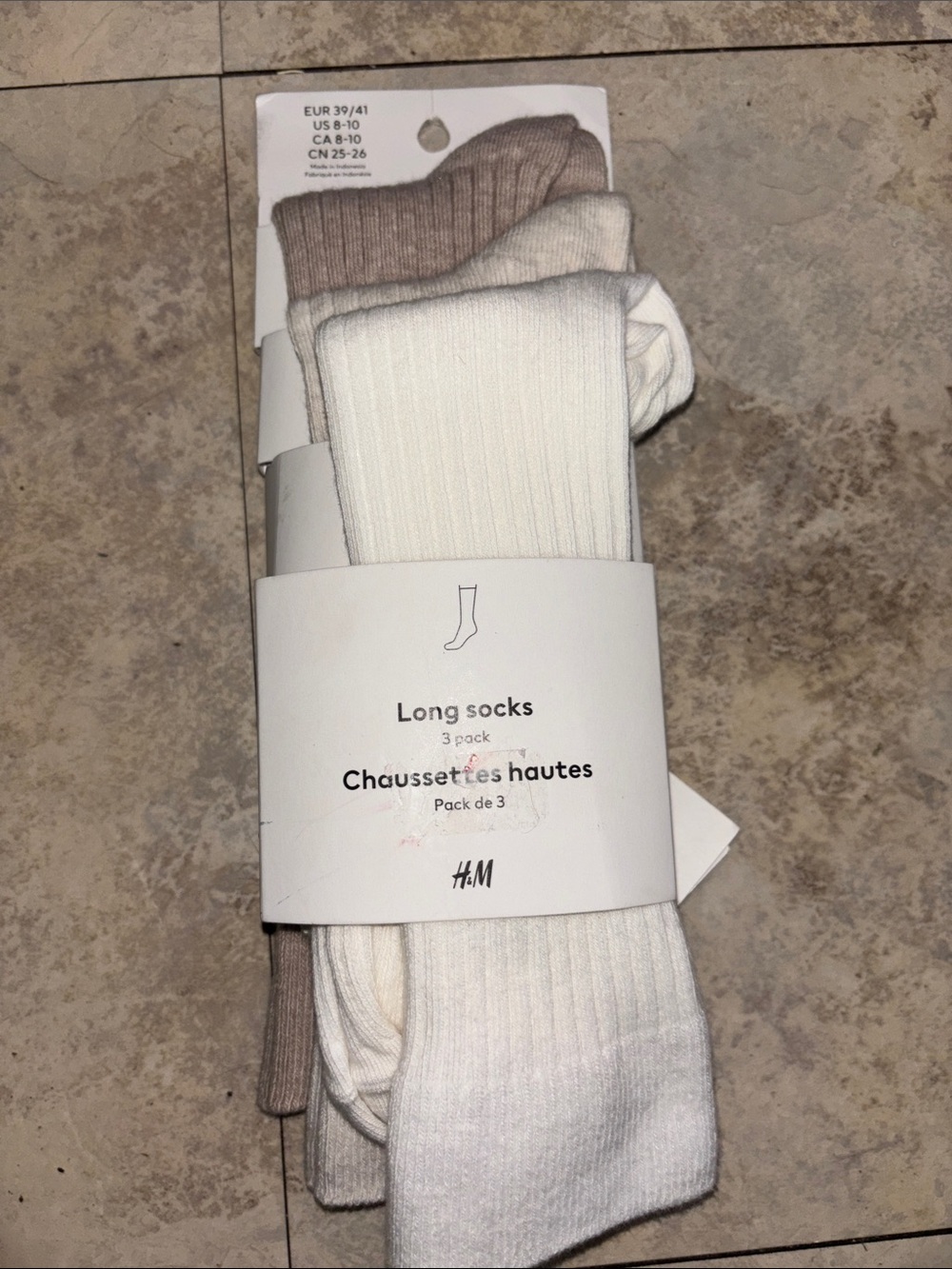 NWT H&M 3-Pack Long Socks in White, Cream, and Brown size 8-20 one white, beige